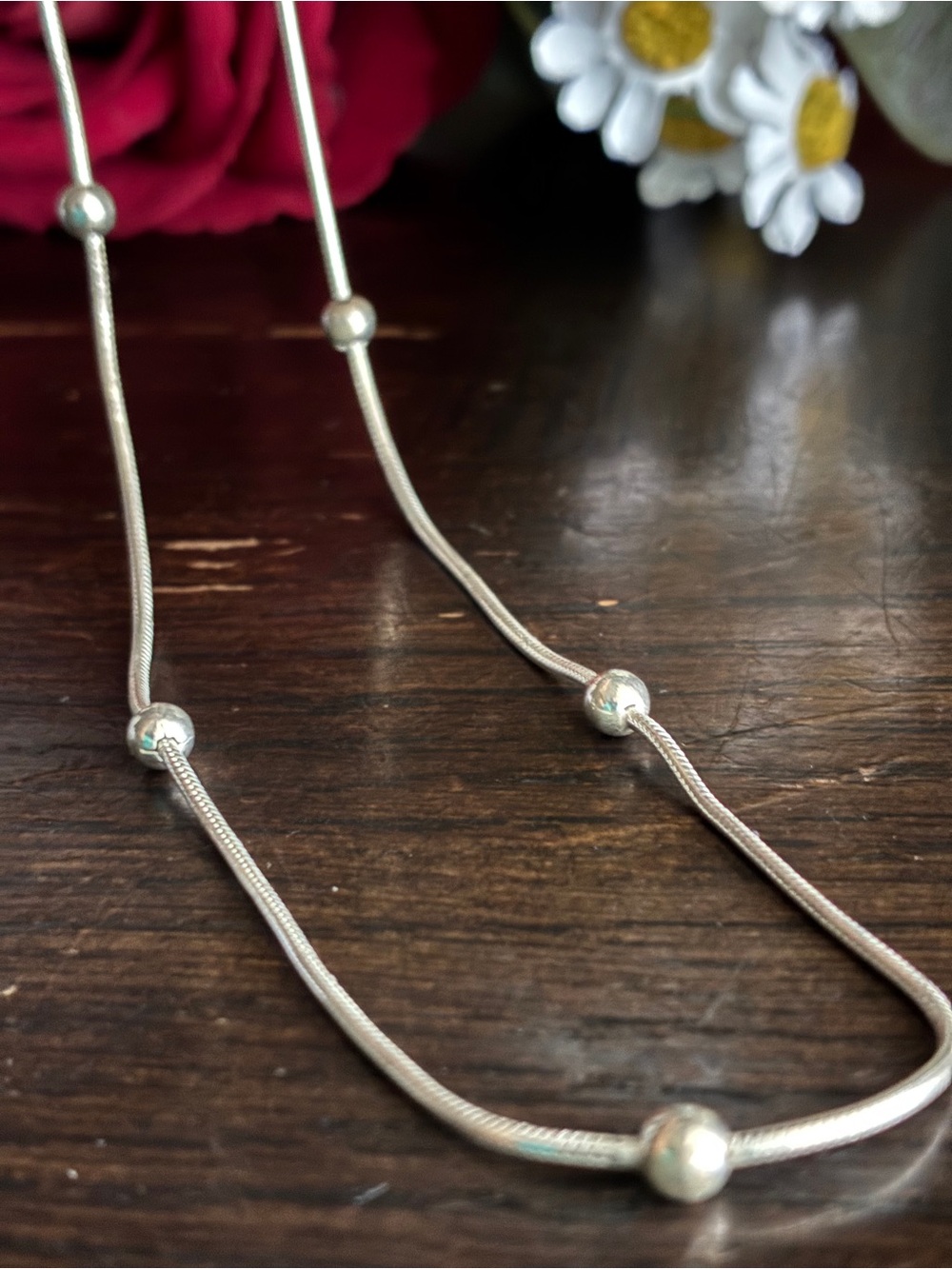925 Sterling Bead Snake Chain Necklace in Silver 15” - Picture 3 of 6